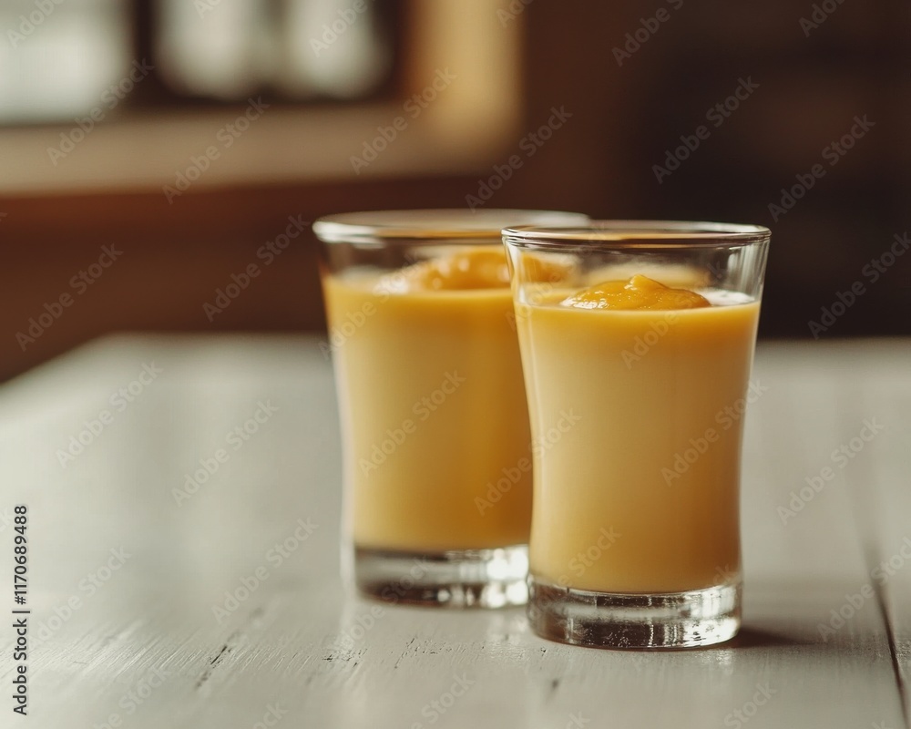Two refreshing mango smoothies served in clear glasses, perfect for a sunny day. Two refreshing mango smoothies served in clear glasses, perfect for a sunny day.