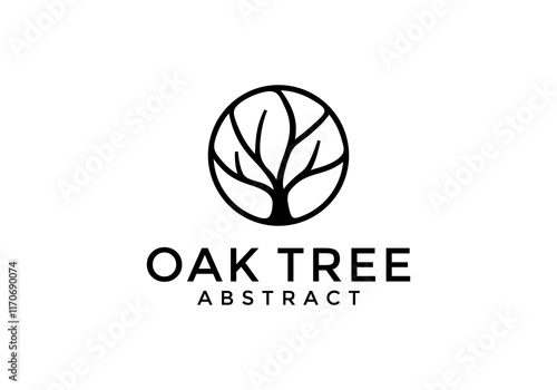 simple oak tree with circle line art logo design vector