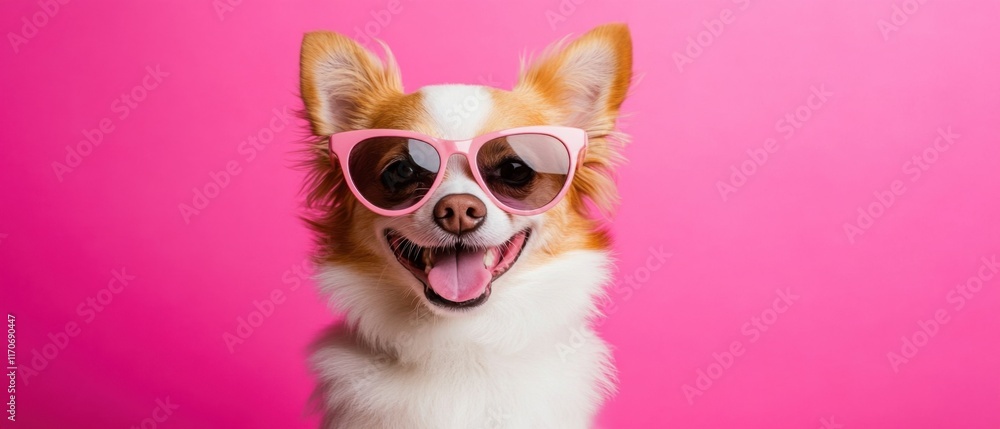 Fototapeta premium Adorable Chihuahua Dog Wearing Pink Sunglasses on Pink Background