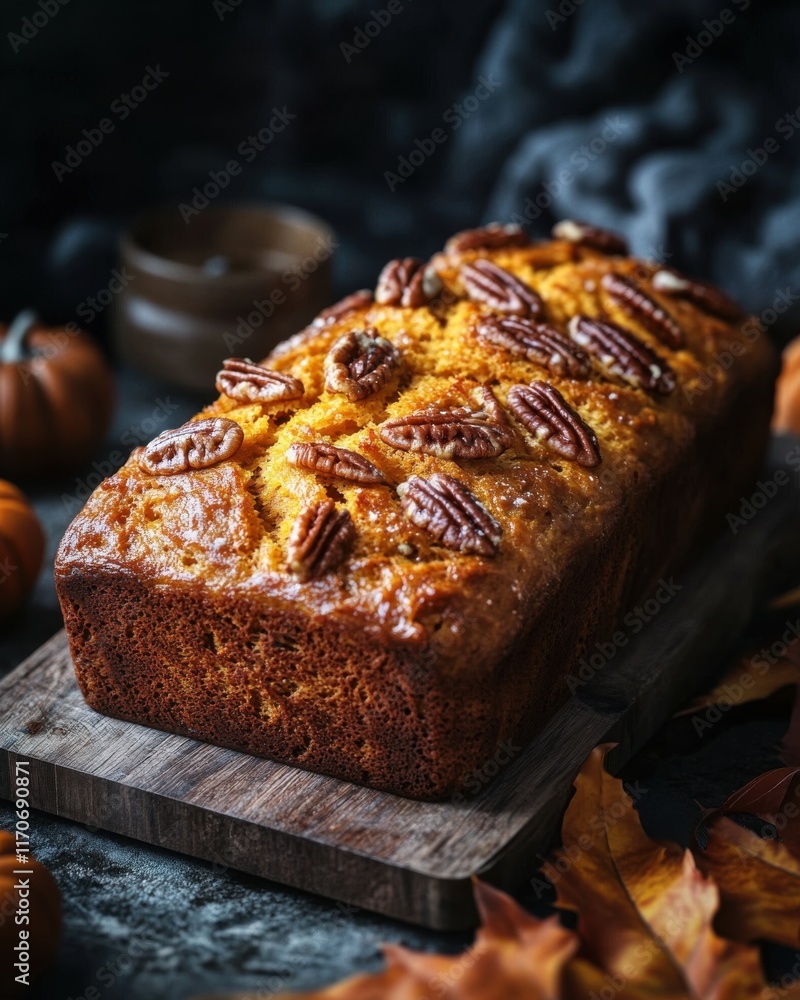 Delicious pumpkin bread topped with pecans, set against an autumn backdrop of leaves and pumpkins. Delicious pumpkin bread topped with pecans, set against an autumn backdrop of leaves and pumpkins.