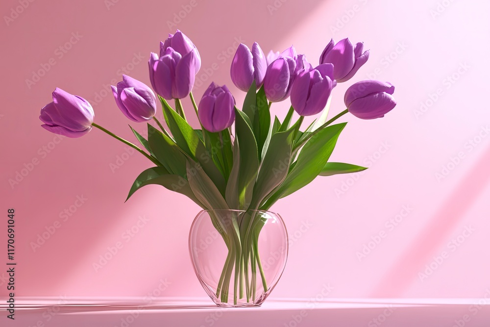 Fototapeta premium Bouquet of purple tulips on a pink background. 