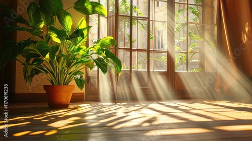 Sunbeams Illuminating Indoor Plants and Wooden Floors photo