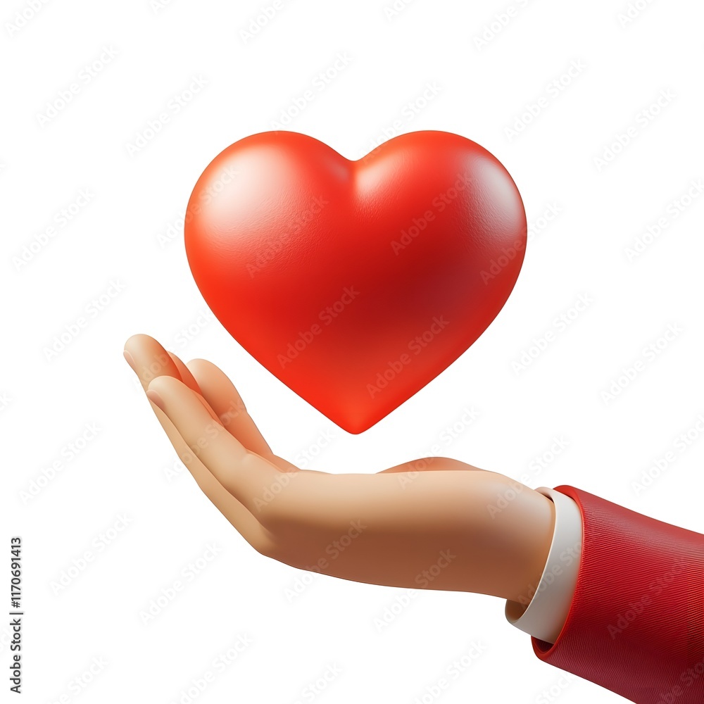 Stylized 3D Heart Icon Held in Red-Sleeved Hand Against White Background Stylized 3D Heart Icon Held in Red-Sleeved Hand Against White Background