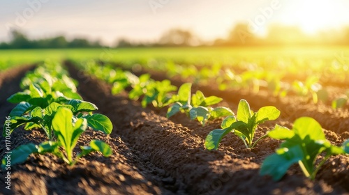Growing green vegetables farm fields photography sunrise close-up