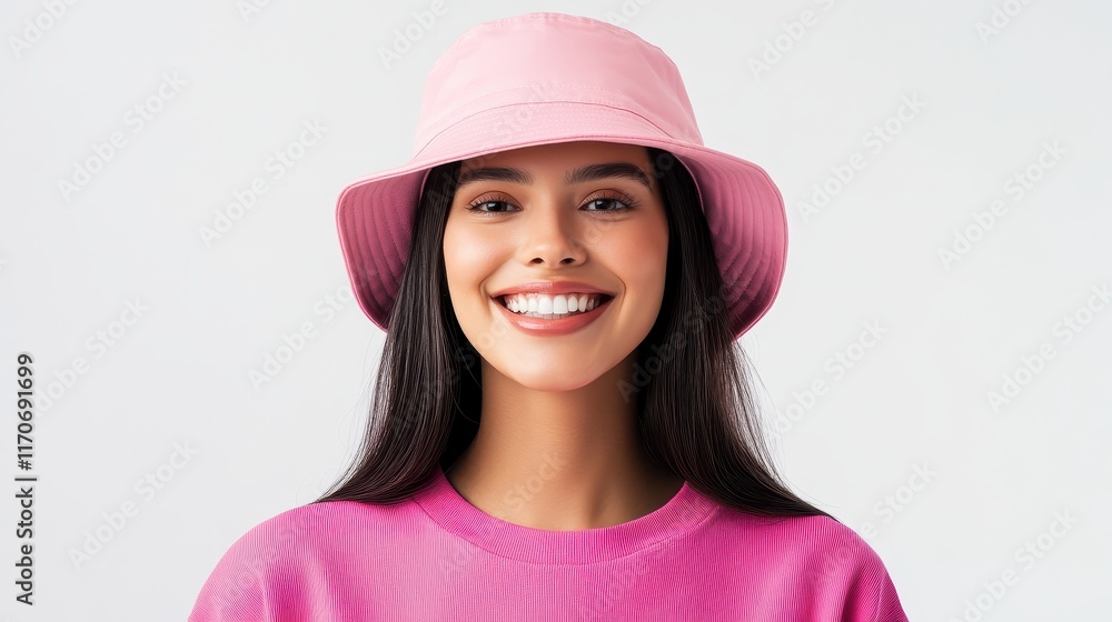 Beautiful woman wearing blank pink bucket hat mockup on white background Beautiful woman wearing blank pink bucket hat mockup on white background