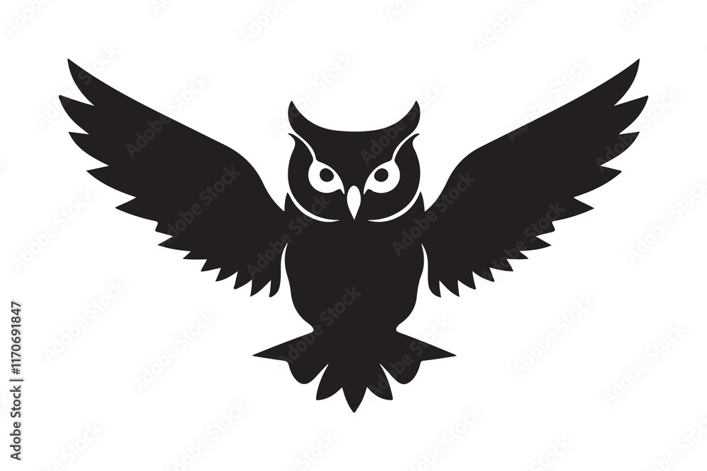 Obraz premium Silhouette of a majestic owl with outstretched wings - perfect for wildlife, nature, and bird-themed designs, illustrations, and logos - high-quality vector graphic for creative projects