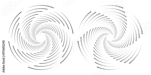 Black concentric circle set. Sonar or sound wave ring collection. Dotted and linear epicentre, target, radar icon concept. Ripple radial signal or vibration elements. Vector line and halftone symbols