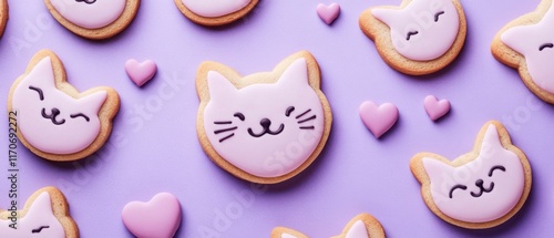 Adorable CatShaped Cookies with Pink Icing and Hearts on Purple Background photo