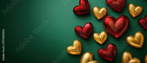 Elegant Red and Gold Hearts on Green Background for Valentines Day