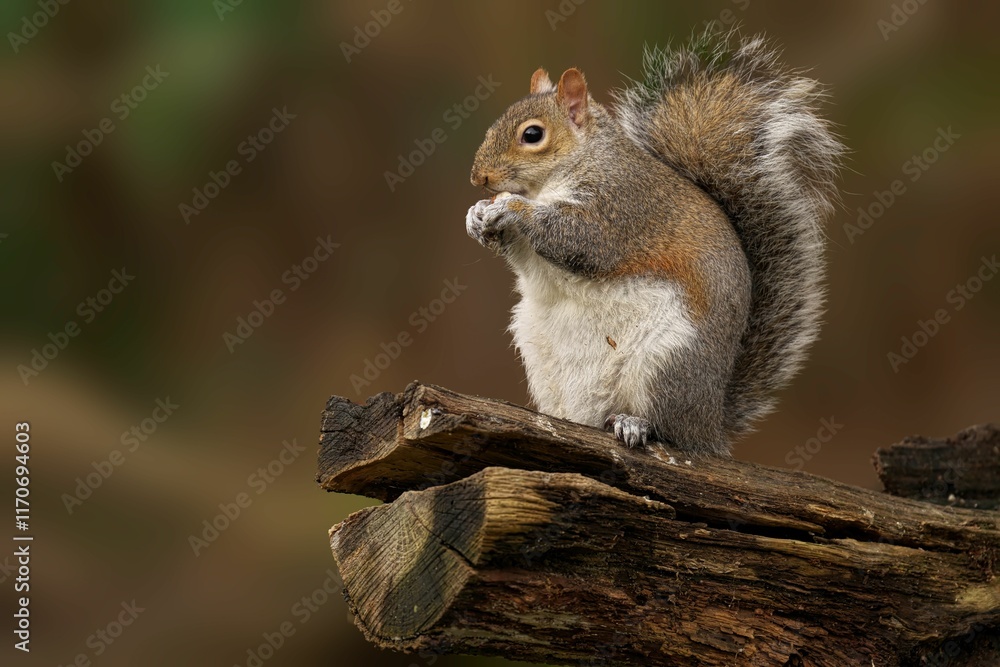 Gray squirrel on a wooden log Gray squirrel on a wooden log