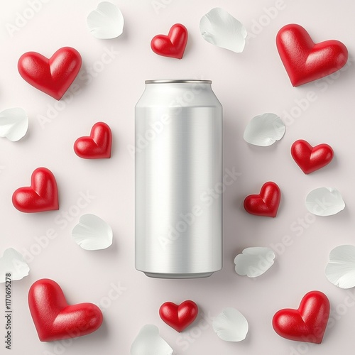 Valentine's Day themed food packaging mock up concept. Blank can surrounded by red hearts and rose petals on a light background
