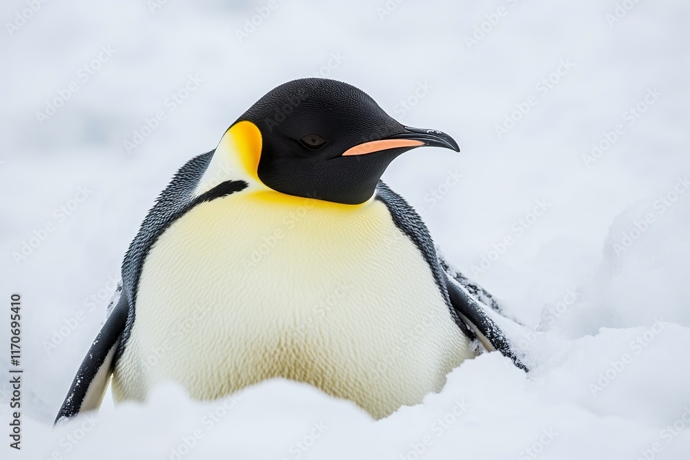Fototapeta premium Close-up of an adult emperor penguin, lying on the snow looking to the side.