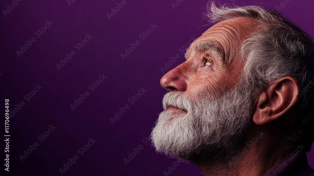 Obraz premium A man with a beard and gray hair is looking up at something