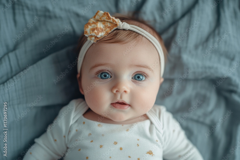 Adorable Caucasian baby girl with big blue eyes, wearing a cream headband, lying on a soft gray blanket.