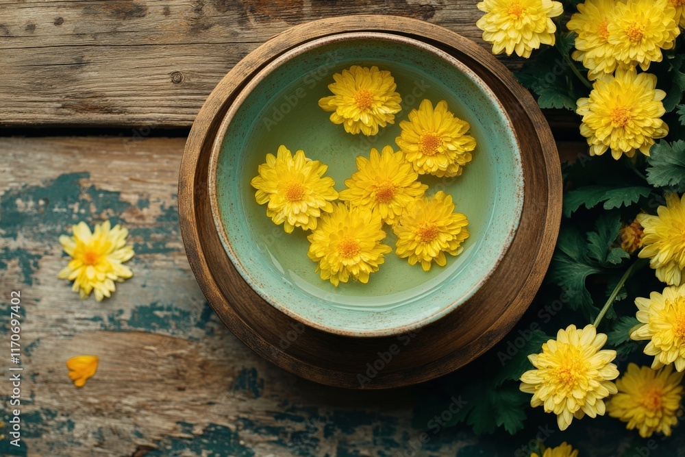 Chrysanthemum Tea. Refreshing Floral Aroma in Closeup Yellow Cup on Old Wooden Background Chrysanthemum Tea. Refreshing Floral Aroma in Closeup Yellow Cup on Old Wooden Background