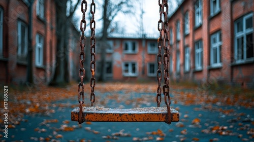 Abandoned Schoolyard with Rusting Swings Surrounded by Crumbling Buildings and Fallen Leaves, Evoking a Sense of Nostalgia and Desolation photo