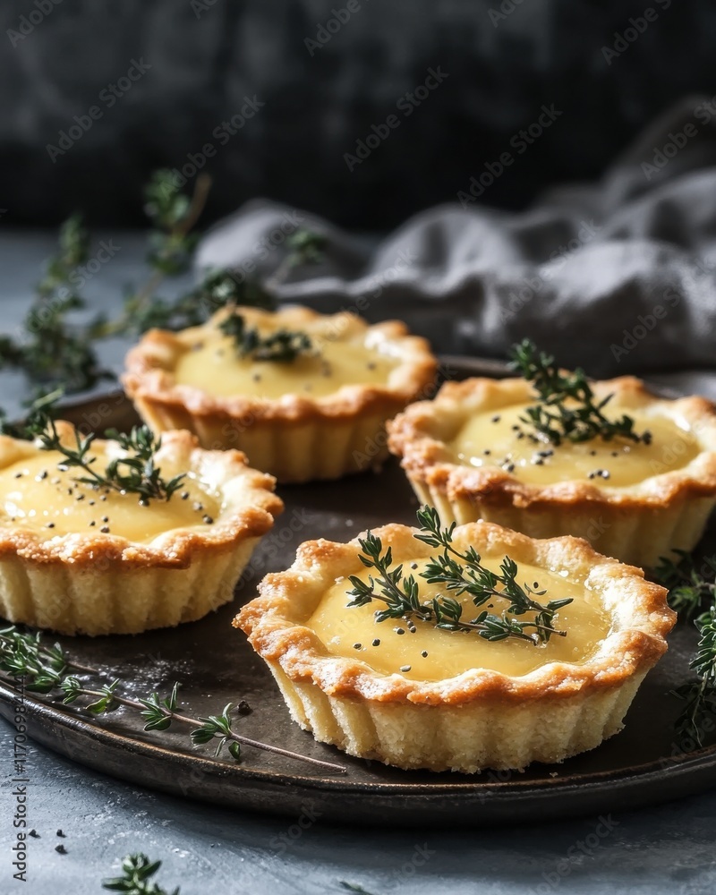 Delicious lemon tarts topped with fresh thyme on a vintage plate, showcasing a warm, rustic atmosphere. Delicious lemon tarts topped with fresh thyme on a vintage plate, showcasing a warm, rustic atmosphere.