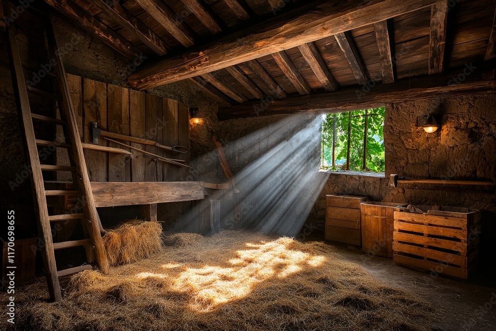 Rustic Barn Interior Featuring Wooden Beams and Natural Light with Vintage Tools and Hay in a Serene and Peaceful Atmosphere Rustic Barn Interior Featuring Wooden Beams and Natural Light with Vintage Tools and Hay in a Serene and Peaceful Atmosphere