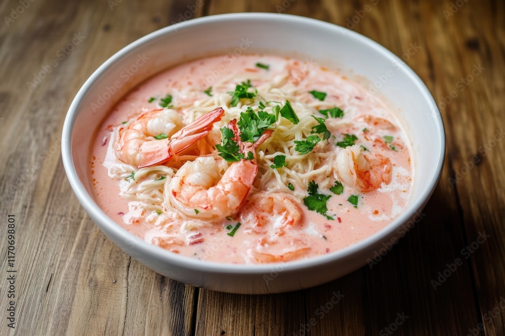 A vibrant bowl of creamy shrimp noodle soup garnished with fresh herbs. A vibrant bowl of creamy shrimp noodle soup garnished with fresh herbs.