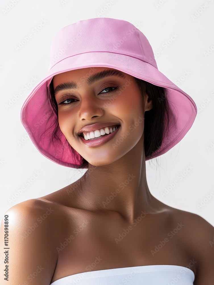 Beautiful woman wearing blank pink bucket hat mockup on white background Beautiful woman wearing blank pink bucket hat mockup on white background