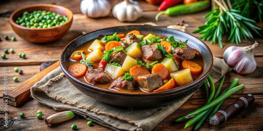Savory Meat Stew with Fresh Vegetables in an Elegant Kitchen Setting, Perfect for Comfort Food Lovers and Culinary Enthusiasts Savory Meat Stew with Fresh Vegetables in an Elegant Kitchen Setting, Perfect for Comfort Food Lovers and Culinary Enthusiasts