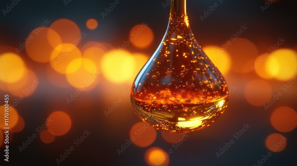 Glowing liquid droplet with amber bokeh lights in the background Glowing liquid droplet with amber bokeh lights in the background