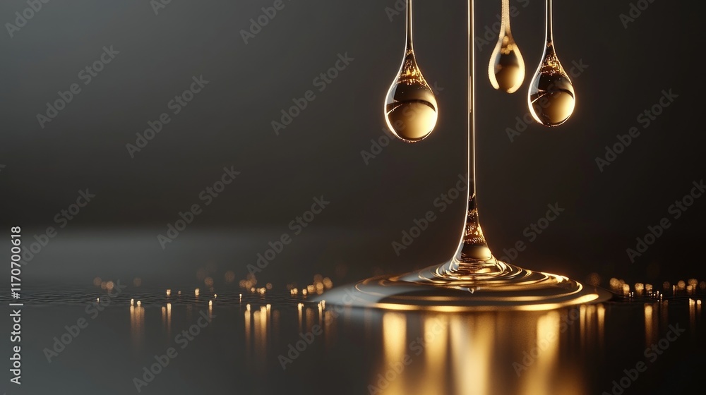 Obraz premium Glowing golden liquid droplets reflecting on a smooth surface