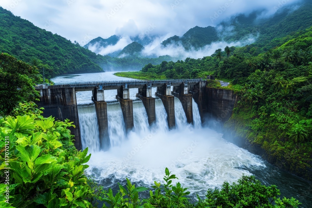 Majestic Hydroelectric Dam Surrounded by Lush Green Mountains with Cascading Water Flowing Swiftly Through Gates, Evoking Serenity and Power in Nature Majestic Hydroelectric Dam Surrounded by Lush Green Mountains with Cascading Water Flowing Swiftly Through Gates, Evoking Serenity and Power in Nature