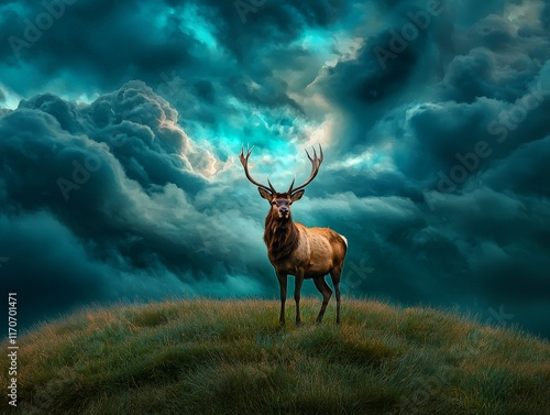 Majestic Stag Standing on Grassy Hill Under Dramatic Sky with Turbulent Clouds, Capturing the Essence of Nature's Beauty and Wildlife Serenity photo