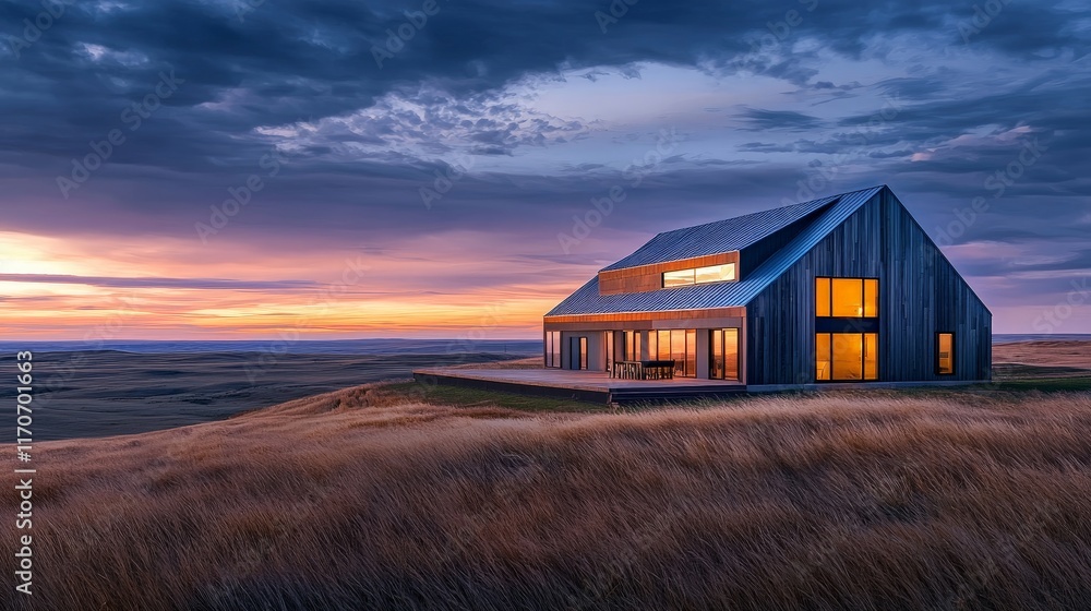 Modern Barn Architecture in a Natural Setting with Sleek Lines and Wood Elements, Showcasing Blending Design Against a Stunning Sunset Backdrop Modern Barn Architecture in a Natural Setting with Sleek Lines and Wood Elements, Showcasing Blending Design Against a Stunning Sunset Backdrop