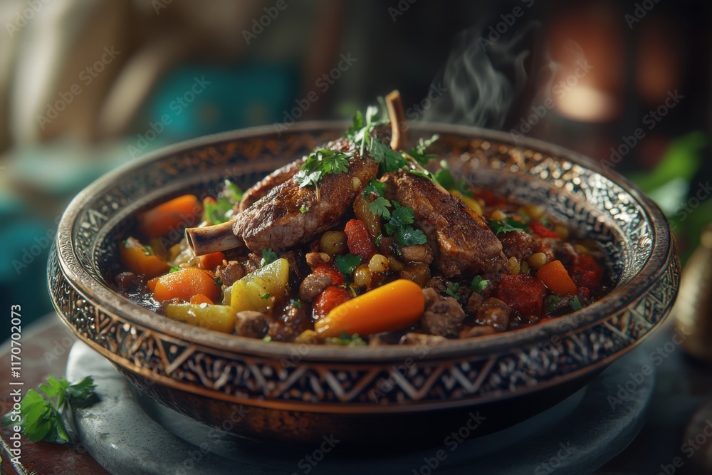 Delicious slow-cooked lamb stew with vibrant vegetables, garnished with fresh herbs. Delicious slow-cooked lamb stew with vibrant vegetables, garnished with fresh herbs.