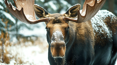 A moose with magnificent huge branching horns stands on the snow-covered grass in close-up