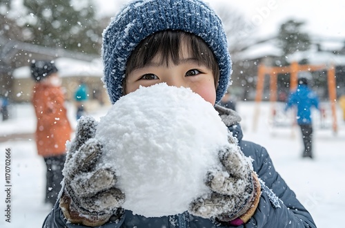 Young Boy Holding A Large Snowball In Winter photo