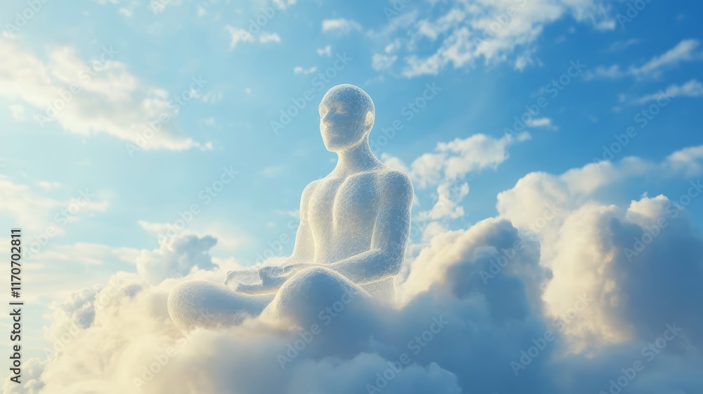 Ethereal Figure Meditating in Clouds with Sunlight and Blue Sky in a Serene and Tranquil Atmosphere Ethereal Figure Meditating in Clouds with Sunlight and Blue Sky in a Serene and Tranquil Atmosphere