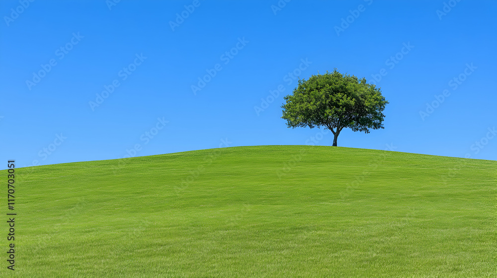 Serene landscape photo of a single tree atop a verdant hill under a clear blue sky, evoking peace and tranquility. Serene landscape photo of a single tree atop a verdant hill under a clear blue sky, evoking peace and tranquility.