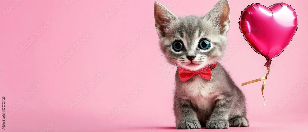 Adorable Kitten with Red Bow Tie and Heart Balloon on Pink Background Adorable Kitten with Red Bow Tie and Heart Balloon on Pink Background