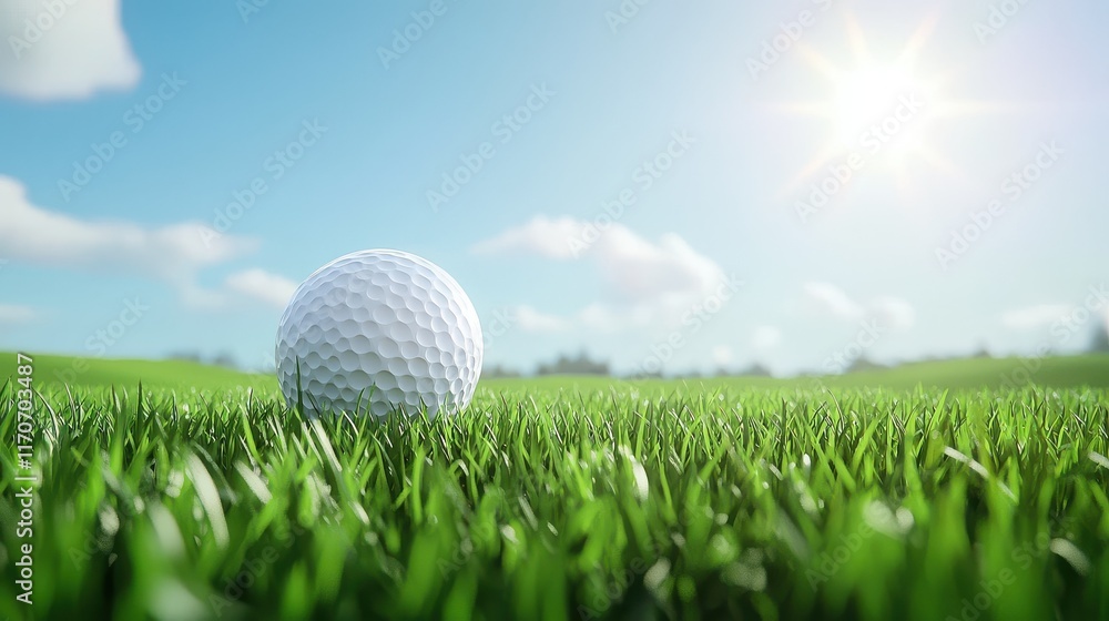 Golf ball on lush green grass under sunny sky in open field Golf ball on lush green grass under sunny sky in open field