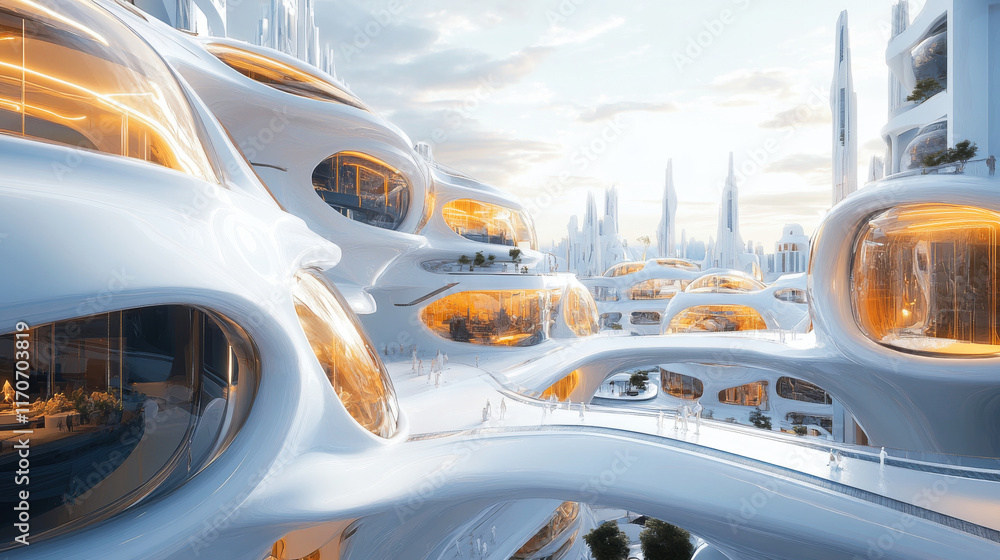 Fototapeta premium A futuristic architectural scene with sleek, white, and glossy structures