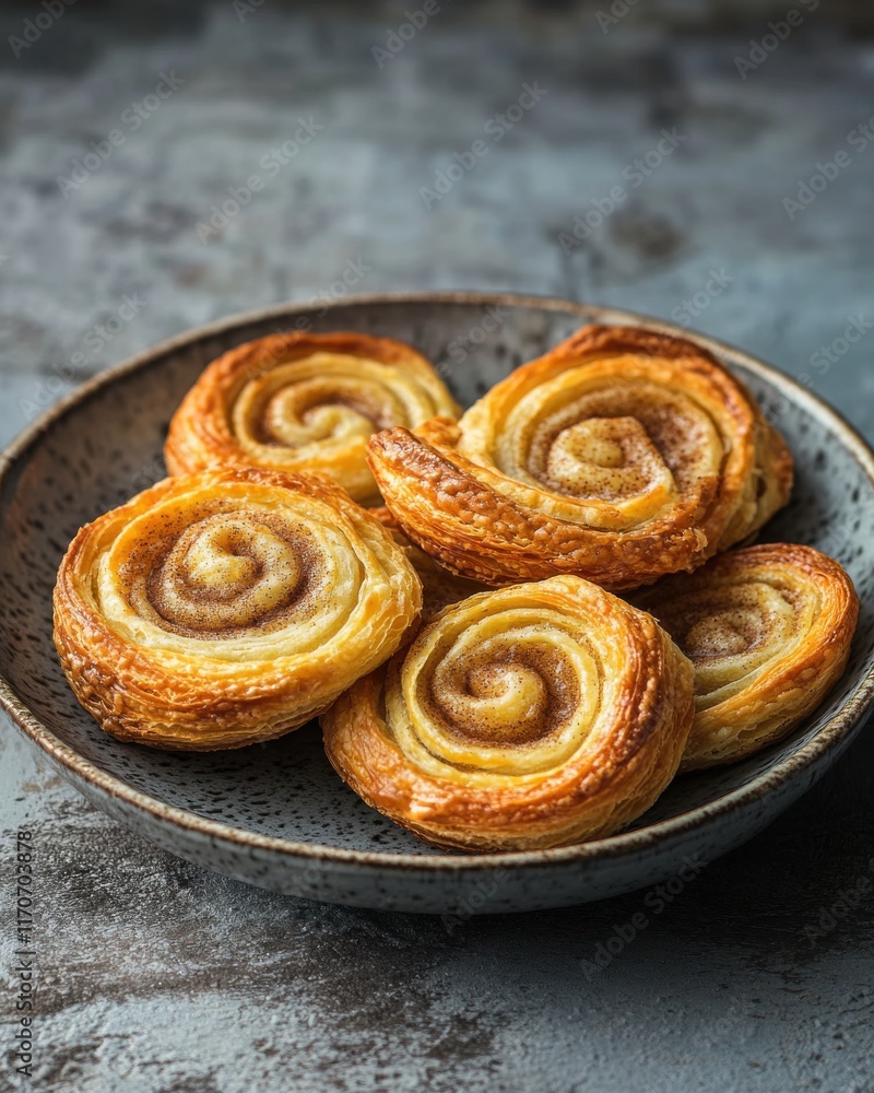 Fototapeta premium Delicious cinnamon rolls served in a rustic bowl, perfect for breakfast or a sweet snack.