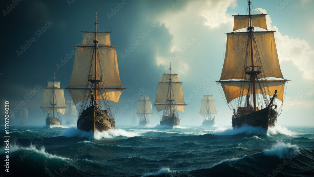 Obraz premium A fleet of majestic sailing galleon ships gliding gracefully across a turbulent, wavy ocean