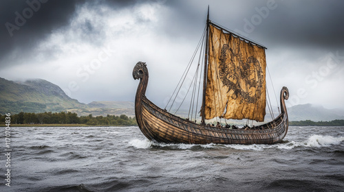 A viking longboat sailing on a stormy sea