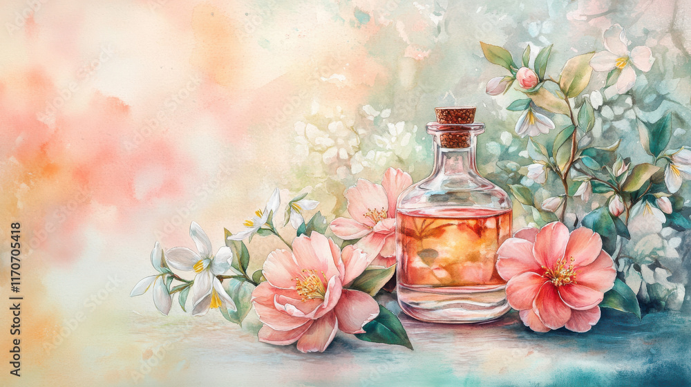A watercolor painting of a glass bottle containing rose-pink liquid, surrounded by blooming camellia flowers and delicate snowdrops, symbolizing February's late winter and early spring. Soft focus on A watercolor painting of a glass bottle containing rose-pink liquid, surrounded by blooming camellia flowers and delicate snowdrops, symbolizing February's late winter and early spring. Soft focus on