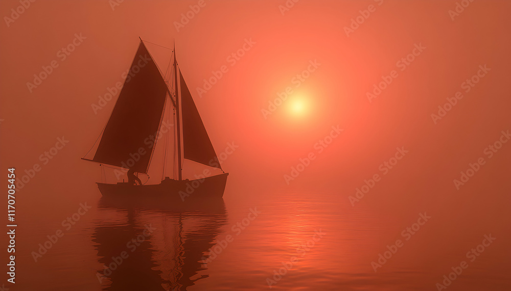 Naklejka premium Sailboat at sunset in a misty, orange-hued sea, creating a serene and atmospheric image.