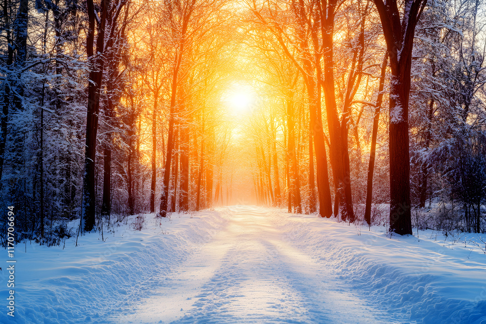 Magical winter sunset scene; snow-covered path through a sunlit forest. Perfect for winter wonderland, serenity, and nature themes. Magical winter sunset scene; snow-covered path through a sunlit forest. Perfect for winter wonderland, serenity, and nature themes.