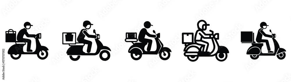 A set of man is riding a scooter delivery icon silhouett A set of man is riding a scooter delivery icon silhouett