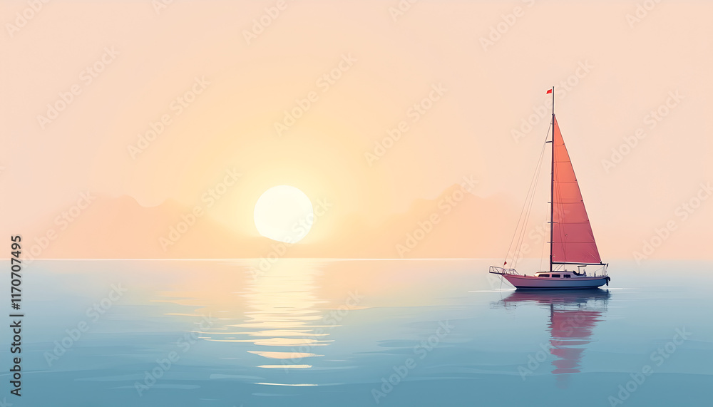 Naklejka premium Serene sailboat gliding on tranquil ocean waters against vibrant gradient sunset sky in soft watercolor style with copy space