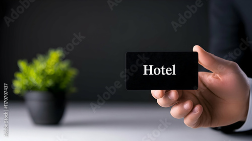 Hand holding a `Hotel` key card on white background photo