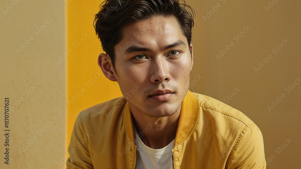 Fototapeta premium Person in Yellow Jacket with Tied Back Hair