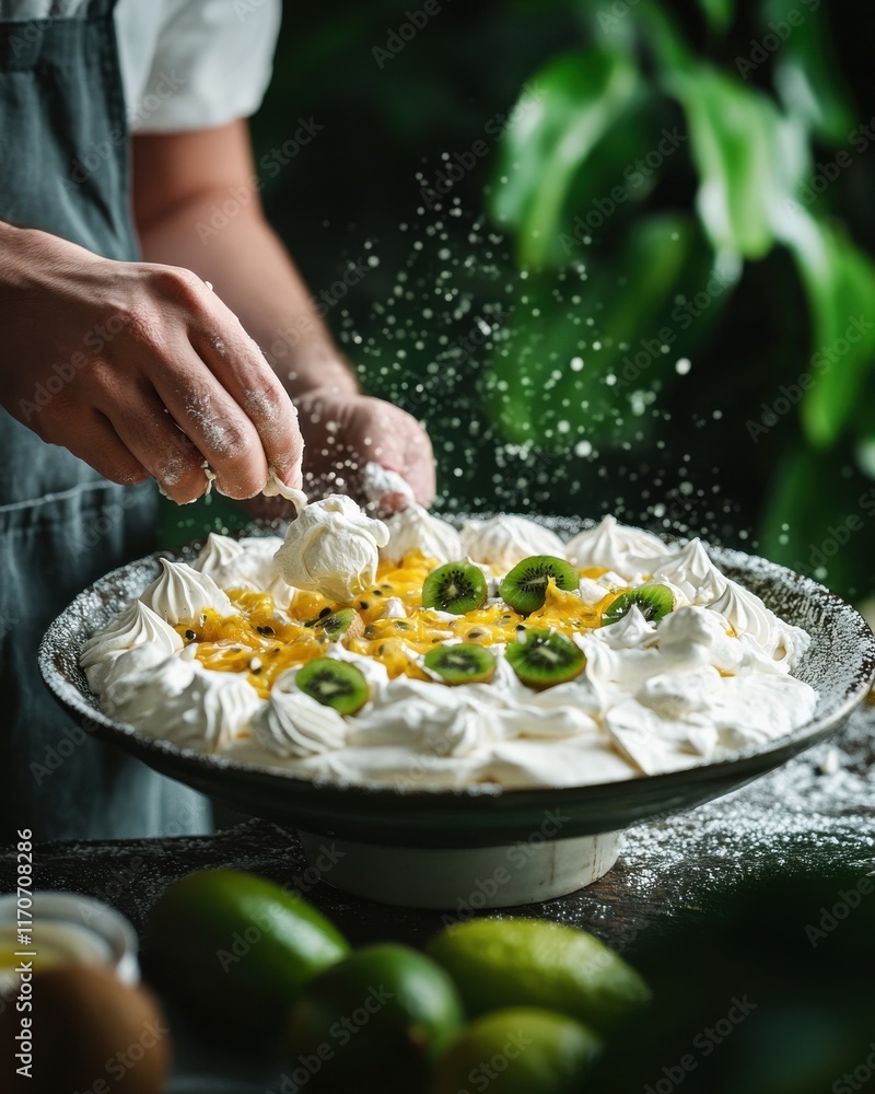 A male pastry chef delicately sprinkles powdered sugar over a beautifully crafted dessert with lime and meringue. A male pastry chef delicately sprinkles powdered sugar over a beautifully crafted dessert with lime and meringue.