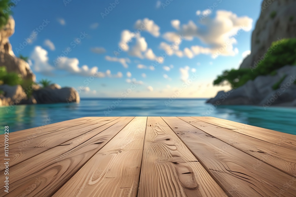 Fototapeta premium Rustic wooden table with serene ocean view representing relaxation, tranquility, vacation, nature